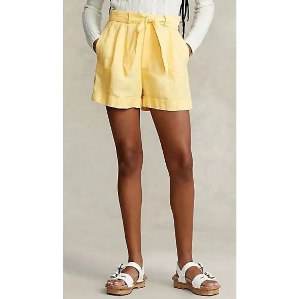 Polo Ralph Lauren Belted Linen Pleated Short in Yellow Blue Label Size 6 - Picture 2 of 8